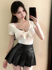 DAZY Women's Solid Color Pleated PU Skirt, Summer Leather Skirt - Black - View 9