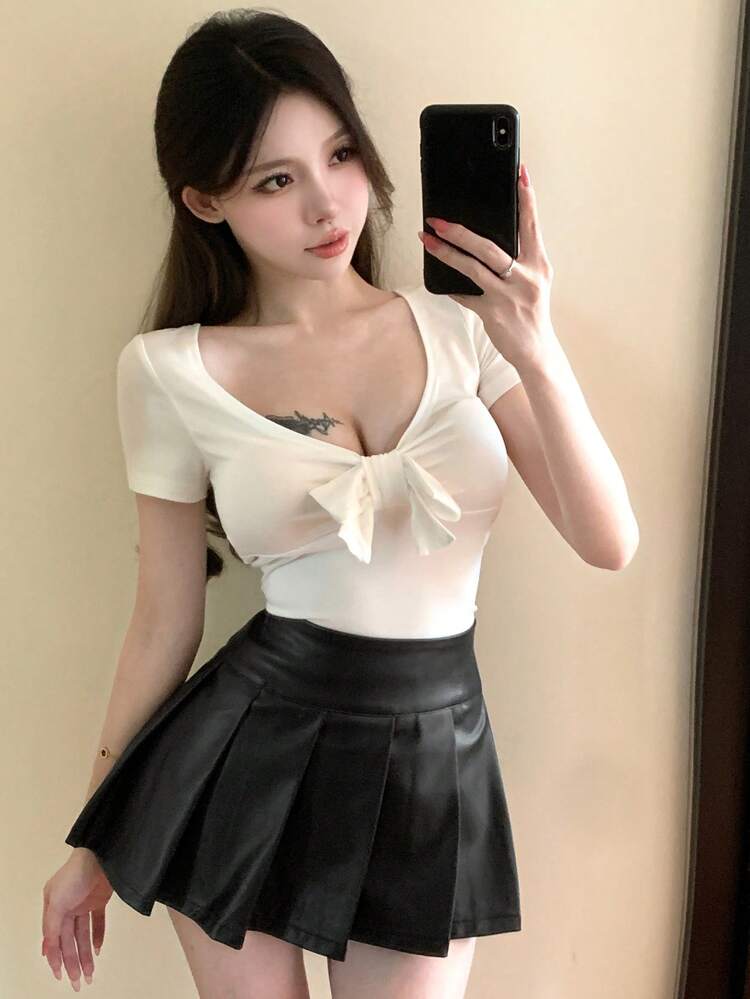 Women's Solid Color Pleated PU Skirt, Summer Leather Skirt