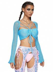 ROMWE Avant 女士閃亮蝴蝶結鈴聲袖短身毛衣，狂歡音樂節 - 藍色 - 查看 4