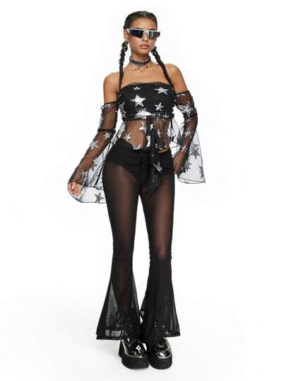 ROMWE Avant Star Print Off Shoulder Flounce Sleeve Mesh Top Without Bra, Rave Festival