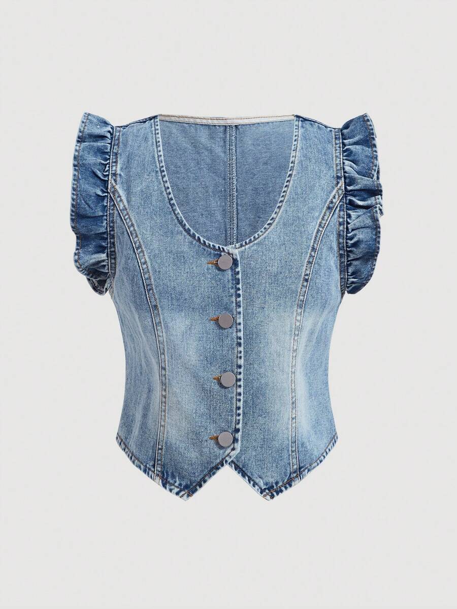 SHEIN MOD Áo vest denim giặt nước thông thường mùa hè dành cho nữ có viền xù - Rửa nhẹ - Xem 1