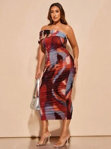 SHEIN BAE Plus Size Women's Elegant Off Shoulder Ruched Mesh Marble Printed Bodycon Midi Dress For Date Or Street Outing - Multicolor - View 4