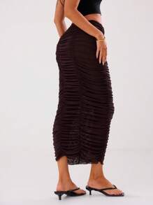 MUSERA Mesh Double Ruched Fitted Maxi Skirt Elegant Summer Sexy Party - Brown - View 2