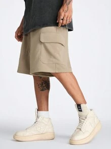 Manfinity NXTstreet Pantalones cortos tejidos holgados para hombre con doble bolsillo lateral, adecuados para el verano - Caqui - Ver 3