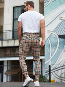 ALLELMS Men Checked Dress Pants Slim Fit Stretch Chinos Plaid Pants , Fall - Brown - View 3