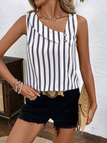 SHEIN LUNE 夏季女士不对称领装饰纽扣条纹面料休闲度假无袖衬衫 - 彩色 - 查看 5