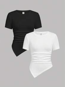 SHEIN Girlism 少女两件套黑白褶皱不对称休闲个性T恤