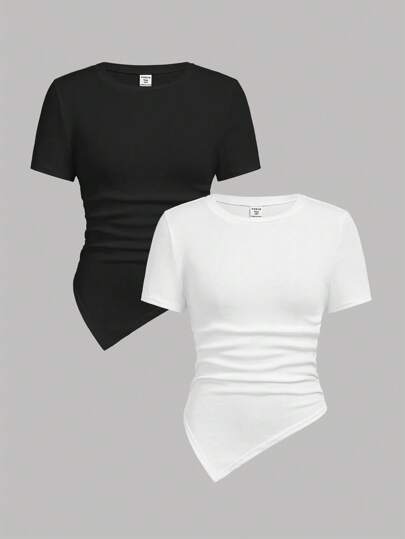 SHEIN Girlism 少女两件套黑白褶皱不对称休闲个性T恤