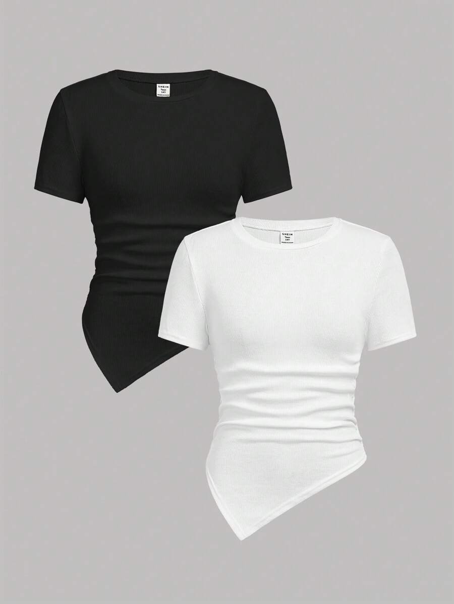 SHEIN Girlism 少女两件套黑白褶皱不对称休闲个性T恤