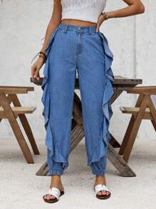 SHEIN LUNE Eenvoudige damesjeans voor dagelijks gebruik, effen kleur en ruches