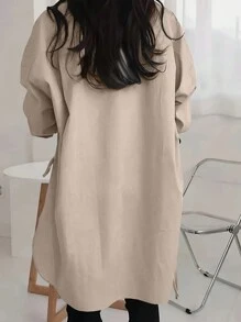 INAWLY Plus Size Solid Color Long Sleeve Shirt With Single Breasted Closure And Asymmetrical Hemline Fall Cloth For Women - Khaki - View 2