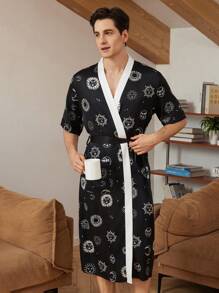 Men Sun & Moon Print Contrast Trim Belted Satin Robe - Black - View 5