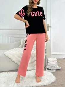 Conjunto de ropa de hogar con estampado de letras, mangas cortas y pantalones largos - Multicolor - Ver 3