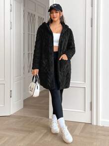 SHEIN EZwear Plus Size Coat With Barley Texture Jacquard Thermal, For Winter Fall Autumn - Black - View 5