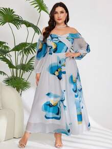 Modelyn Plus Size Off-Shoulder Long Sleeve Color Blocking Summer Dresses For Women - Green - View 6