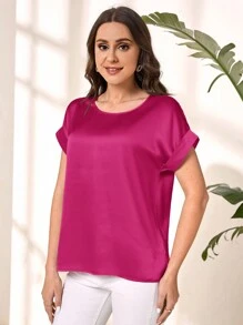 EMERY ROSE Áo kiểu nữ tay ngắn cổ tròn màu trơn mùa hè - Màu Hồng Tươi - Xem 3