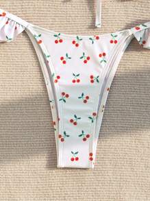 Swim Mod Women's Summer Beach Cherry Print Ruffled Front-Tie Sexy Bikini Set - Multicolor - View 6