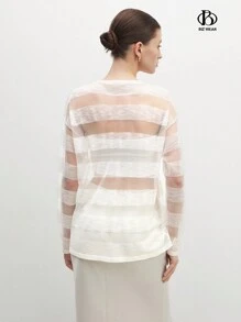 BizChic Áo len sọc xuyên thấu thông thường dành cho nữ - Màu be - Xem 7
