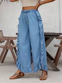 SHEIN LUNE Casual Water Washed Denim Flared Pants With Ruffle Hem