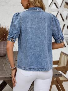 SHEIN LUNE Shawl Collar Flap Pocket Denim Jacket - Blue - View 2