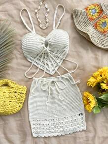 Soleia 假日純色空心針織V領背心上衣，配帶抽繩腰帶的中長套裙 - 杏色 - 查看 1