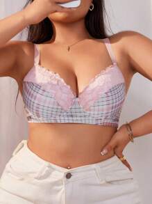 Plaid And Lace Fashion Plus Size Bustier Bra - Red - View 3