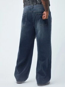 Manfinity Homme Men's Plus Size Loose Fit Wide Leg Casual Baggy Jeans With Rips And Pockets - Dark Wash - View 2