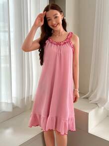 Vestido de pijama con camiseta de tirantes de color block y dobladillo con volantes con borde de seta - Rosa - Ver 4
