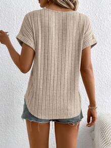 SHEIN LUNE Solid Round Neck Batwing Sleeve Tee,Casual - Beige - View 3