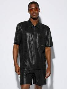 Manfinity VCAY 2pcs Men Summer Gorgeous Knit Casual Party Fit Pu Halloween Shirt Shorts Co-Ords Back To School - Multicolor - View 5