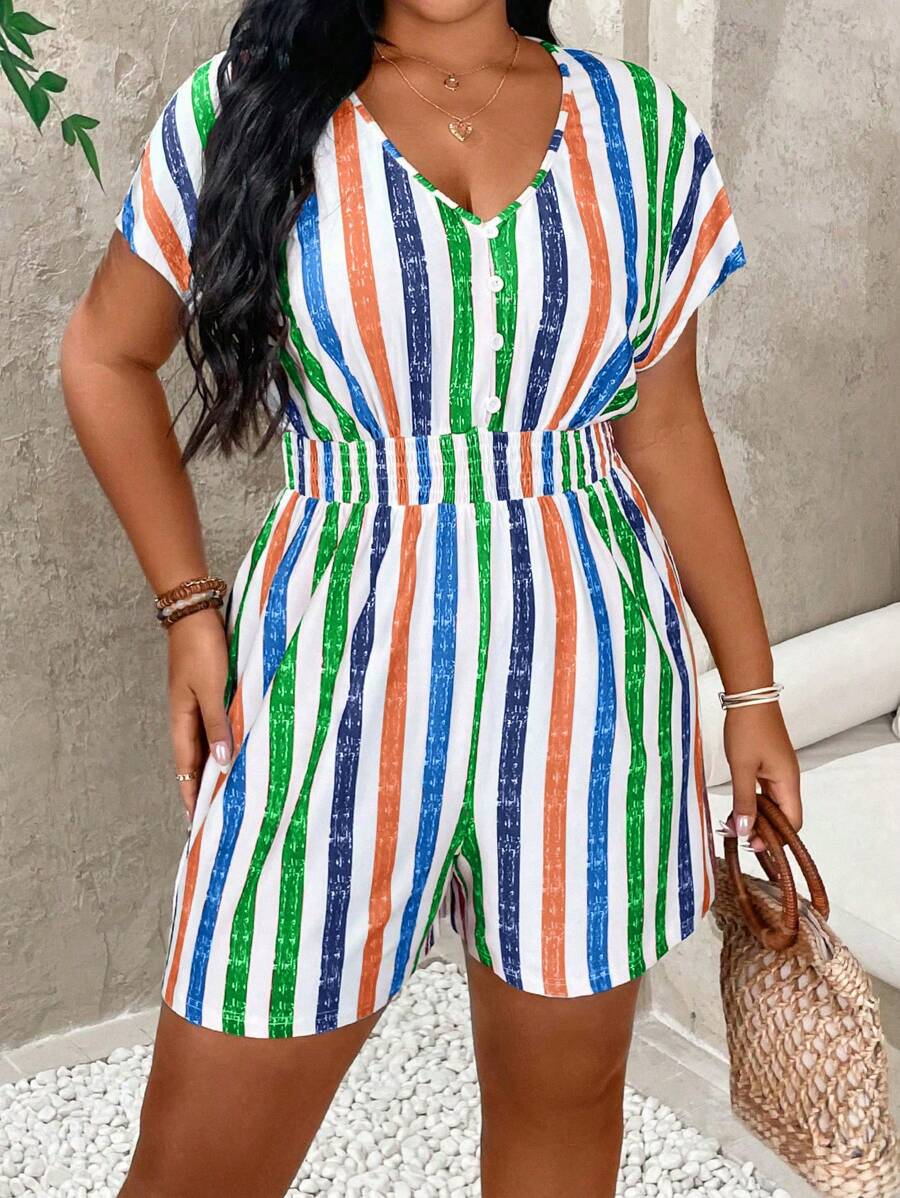 Calvaya Bộ áo liền quần sọc đầy màu sắc cỡ lớn có trang trí nút gỗ ở ngực trước - Nhiều màu - Xem 1