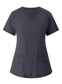 Women's Matte Running Elastic Nurse Uniform, Scrub Surgical Gown With Pockets, Breathable, Anti-Pilling And Anti-Static, 2pcs/Set, Nursing Clothes - Grey - View 6