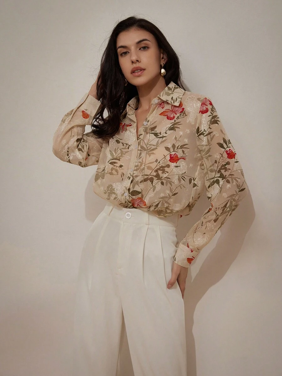 Chiquease Random Printed Turn-Down Collar, Slim-Fit Long Sleeve Shirt - Multicolor - View 1