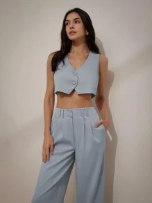 Aveloria Modichic Professional Texture V-Neck Crop Top And High Waist Pleated Pants Women's Two-Piece Set For Commuting
