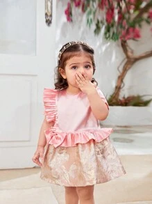 SHEIN 1件嬰兒女孩經典花卉設計優雅百褶連衣裙，夏季款 - 粉色 - 查看 3