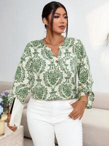 SHEIN Clasi 大尺碼全印花夏季襯衫，配有凹口V領和長袖 - 綠色 - 查看 3
