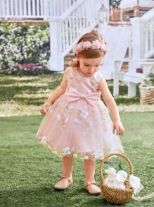 SHEIN Glamorique Kids Baby Girl Elegant Embroidered Mesh Dress, Suitable For Daily Casual Wear, Parties And Other Occasions, New Style For Spring And Summer