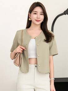 DAZY Áo khoác cổ tròn ngắn tay thường ngày dành cho nữ, Xuân/Hè - Màu xanh Bạc hà - Xem 3
