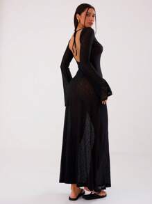 MUSERA 轻薄长袖船领长款连衣裙，优雅，春夏长裙，毕业舞会礼服 - 黑色 - 查看 2