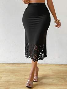 Chiquease Falda con dobladillo de sirena recortada con láser - Negro - Ver 3