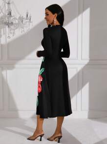 Elenzga 圆领长袖花朵印花夏季束腰长裙女装 - 黑色 - 查看 2