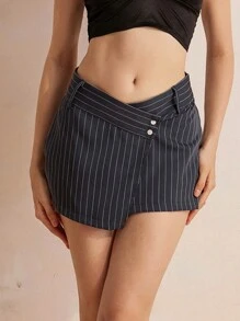 GENKIRA Saia Assimétrica Enrolada Doce e Estilosa Estilo Vintage Universitário Americano Para Meninas, Riscas Aleatórias, Cintura Alta & Ajustada no Quadril - Cinza escuro - Ver 1