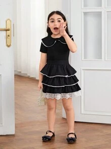 Young Girl Knitted Solid Color Bowknot Top And Woven Mesh Skirt Two Pieces Set - Black - View 5
