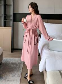 DAZY 纹理面料拼色设计双口袋睡袍睡衣 - 粉色 - 查看 5