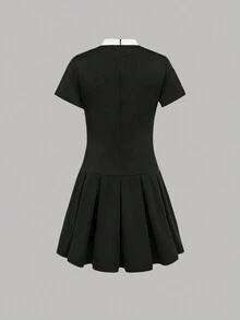 SHEIN Girlism Teen Girl dệt kim mối nối màu có thể tháo rời nơ xếp li váy ngắn tay đơn giản - Đen và trắng - Xem 6