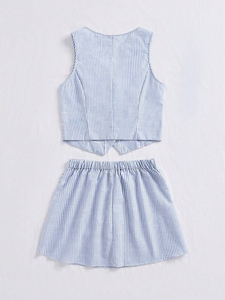 SHEIN Essnce 女士夏季教师服装套装休闲条纹背心、前开式无袖上衣和裙子两件套服装 - 藍白色 - 查看 7