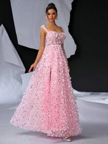 Glamrae Đầm dạ hội dày dặn, cổ vuông, tay lửng, họa tiết hoa ba chiều, màu hồng lãng mạn thanh lịch, cạp chun, xẻ cao, có thể điều chỉnh độ rộng, viền A - Màu Hồng baby - Xem 4