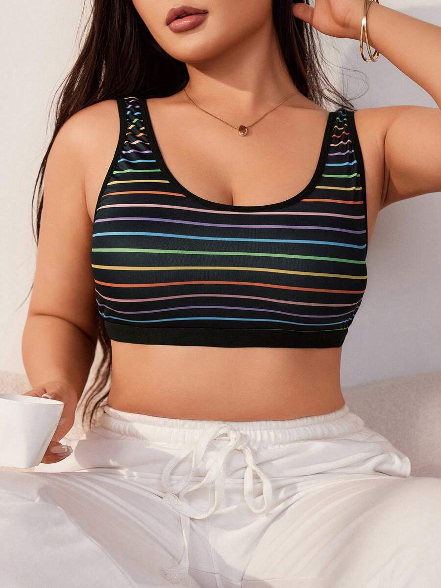SHEIN Plus Size Áo Bralette sọc đầy màu sắc thông thường & Áo ngực không dây - màu đen - Xem 1