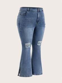 SHEIN CURVE+ Plus Size Denim Stretch Fashion Slim Flared Pants - Blue - View 4