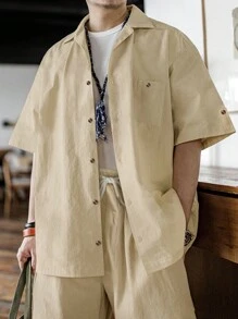 Manfinity Homme 男士夏季實色短袖襯衫和束腰休閒短褲套裝 - 米色 - 查看 1